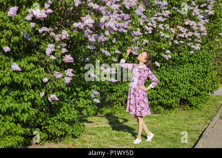Young pretty woman in beautiful violet dress smelling a blooming lilac flowers Stock Photo