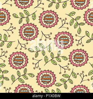 Doodle colorful seamless pattern with flowers and leafs Stock Vector