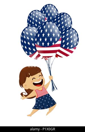 Happy Independence Day greeting card. Patriotic smiling girl holding air balloons in national USA colors like a flag. July 4th vector illustration. Stock Vector