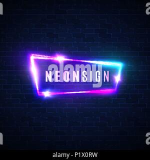Night club neon sign. Blank 3d retro light signage Shining neon effect. Techno frame with glowing on dark blue brick texture wall. Electric street banner design. Color vector illustration in 80s style Stock Vector