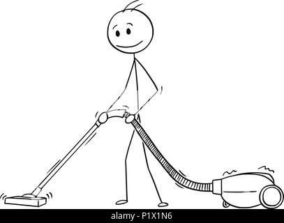 Cartoon of Man Cleaning Floor or Carpet With Vacuum Cleaner or Hoover Stock Vector