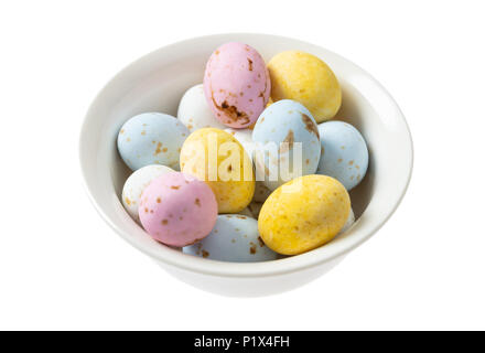 Season holidays concept. Colorful Easter eggs in a bowl, cut out and isolated on white background Stock Photo
