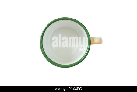 Coffee time concept. Empty coffee mug, enamel, green detail, with top view, cut out, isolated on a white background Stock Photo