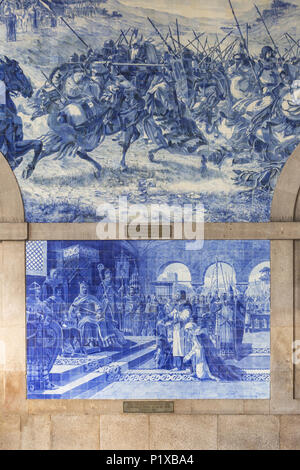 Sao Bento station with traditional portugese tiles Azulejos representing Portugal history, Porto Stock Photo