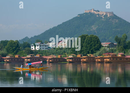 Srinagar, india - June 15, 2017: Man riding a shikara boat on the Dal lake in Srinagar, Kashmir, India. Stock Photo