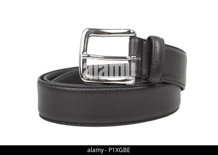 Elegance leather belt.. Black belt twisted into a ring. Stock Photo