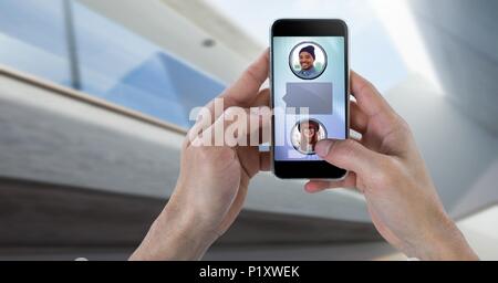 Messaging App on phone in hand with chat profiles Stock Photo