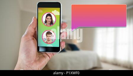 Messaging App on phone in hand with chat profiles Stock Photo