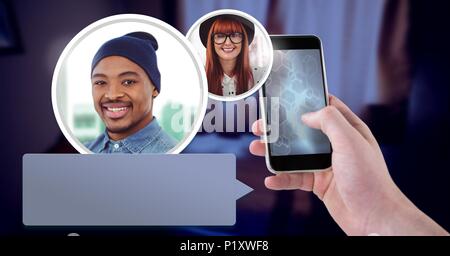 Messaging App on phone in hand with chat profiles Stock Photo