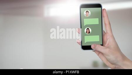 Messaging App on phone in hand with chat profiles Stock Photo