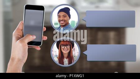 Messaging App on phone in hand with chat profiles Stock Photo