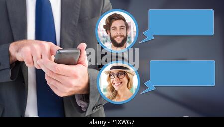 Messaging App on phone in hand with chat profiles Stock Photo