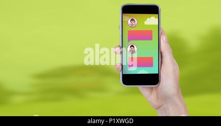 Messaging App on phone in hand with chat profiles Stock Photo