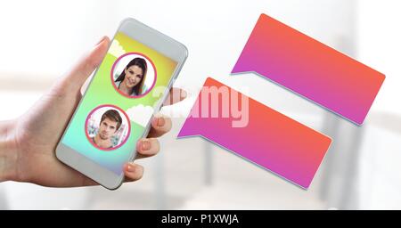 Messaging App on phone in hand with chat profiles Stock Photo