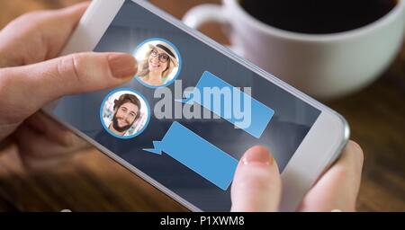 Messaging App on phone in hand with chat profiles Stock Photo