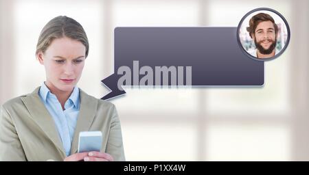 Woman using phone with chat bubble messaging profile Stock Photo