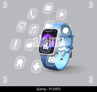 Smart watch with apps icon set isolated on gray background. 3D rendering image. Stock Photo