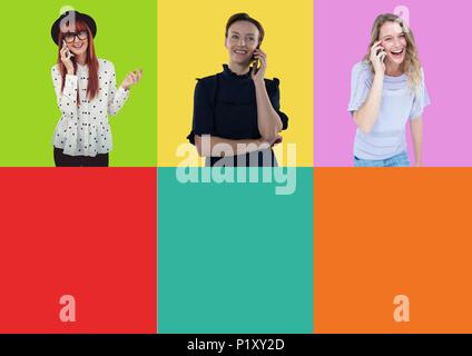 People on phones in colorful square sections Stock Photo