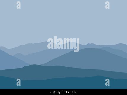 Vector illustration of mountain peaks in misty haze under gray-blue sky - simple flat Stock Vector