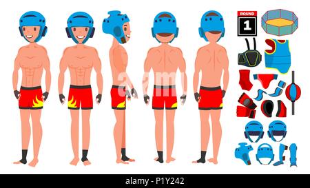 MMA Man Player Male Vector. Preparing For Training. Traditional Fighting Poses. Cartoon Athlete Character Illustration Stock Vector