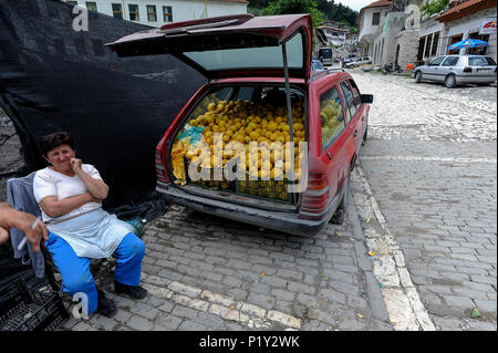 Berat, Albania, fruit grower at the edge of the road Stock Photo