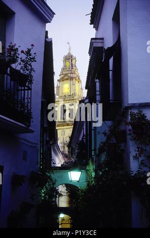 calle de las / Flores (flowers) street and mosque minaret by night. Stock Photo