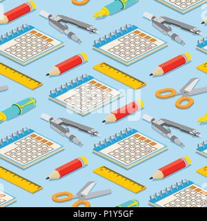 Seamless pattern with isometric pair of compasses, calendar, fountain pen, pencil, and scissors on blue background. Vector illustration. Stock Vector