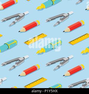 Seamless pattern with isometric pair of compasses, fountain pen, pencil, and ruler on blue background. Vector illustration. Stock Vector