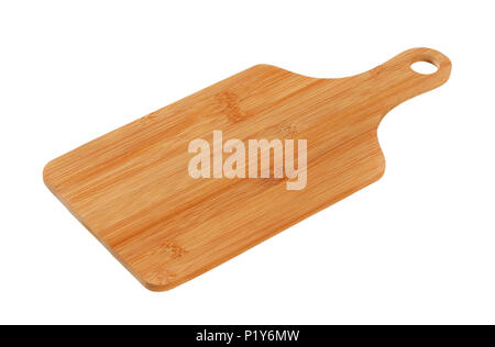wooden cutting board with handle on white background Stock Photo