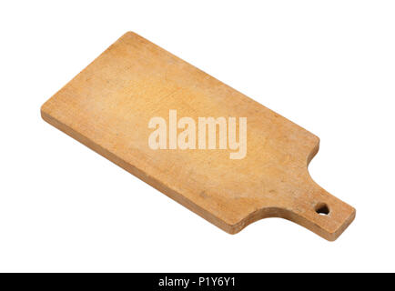 wooden cutting board with handle on white background Stock Photo