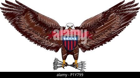 american eagle with ribbon shield branch and arrows vector illustration drawing Stock Vector