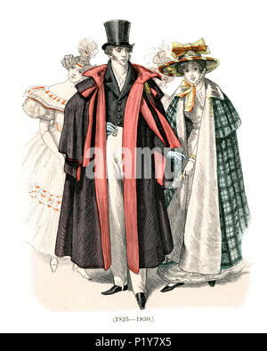 Vintage engraving of History of Fashion, Costumes of Germany early 19th Century.  High society man in cape and top hat, women in hat and cloak 1825 to
