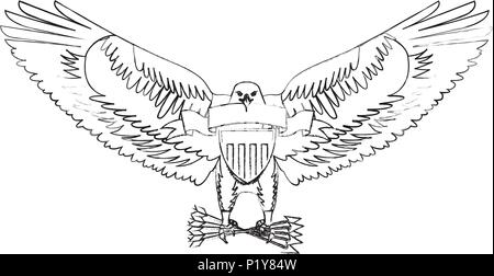 american eagle with ribbon shield branch and arrows vector illustration sketch Stock Vector