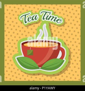 hot tea cup and teabag on dish dotted background - tea time vector illustration Stock Vector