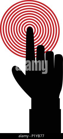 Vector illustration of index finger pointing to the target, business concept, black hand with index finger touching or pushing red target aim or press Stock Vector