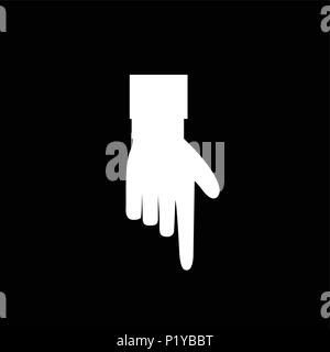 Hand gesture of pointing finger icon illustration of businessman white hand with index finger pointing down isolated on black background Stock Vector