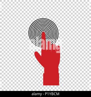 Vector illustration of index finger pointing to the target, business concept, red hand with index finger touching or pushing black target aim or press Stock Vector