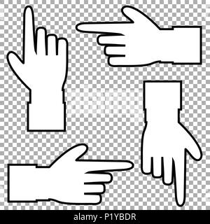 White silhouette of hand with pointing or showing in various directions finger. Vector set of hand cursor pictograms isolated on transparent backgroun Stock Vector