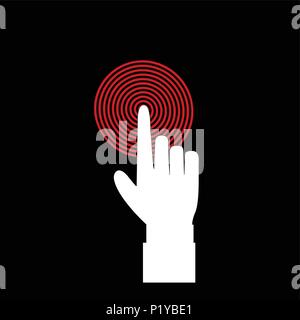 Vector illustration of index finger of businessman pointing to the target, business concept, white hand with index finger touching or pushing red targ Stock Vector