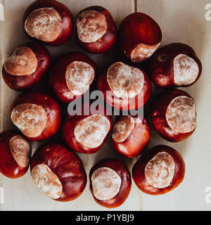 Ripe chestnuts on old wooden table and sack napkin close up with copy space. Stock Photo