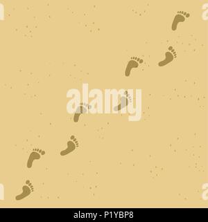 Human barefoot footprint path on yellow sand background. Foot prints diagonal sandy beach or desert trail. Vector illustration, clip art. Stock Vector