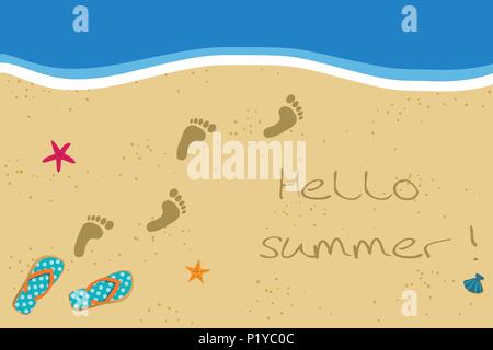 Hello Summer vacation vector illustration with pair of flip flops and human barefoot foot prints on the sand going into water. Sandy sea shore with fo Stock Vector