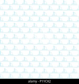Seamless sea pattern with blue sailing ships on white background. Nautical baby wallpaper pattern with contour boats on ocean waves. Vector illustrati Stock Vector