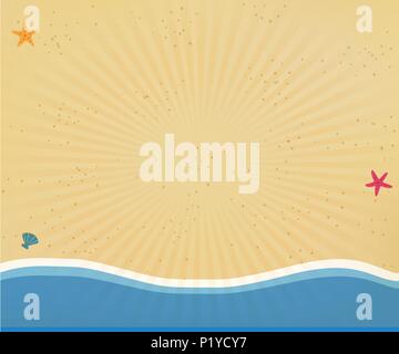 Top view of golden sandy beach with yellow sand, shells and starfish in flat icon design. Seaside background or border frame with radiant sun rays for Stock Vector