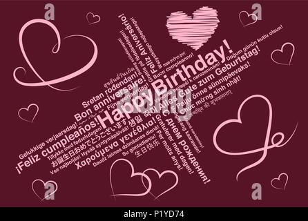 Happy Birthday in different languages wordcloud greeting card with heart shapes Stock Vector