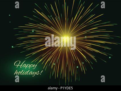 Sparkling radiant golden green vector fireworks greeting holidays background, copy space. Stock Vector