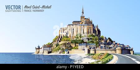 Mont Saint Michel cathedral on the island. Abbey. Normandy, Northern France, Europe. Landscape. Beautiful panoramic view. Vector illustration. Stock Vector