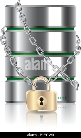 Hard drive locked by a chain.Isolated on white background. Stock Vector