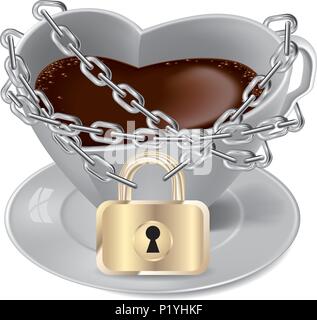 Coffee cup locked by a chain.Isolated on white background. Stock Vector
