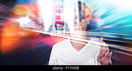 Composite image of young woman gesturing while using virtual reality headset simulator Stock Photo